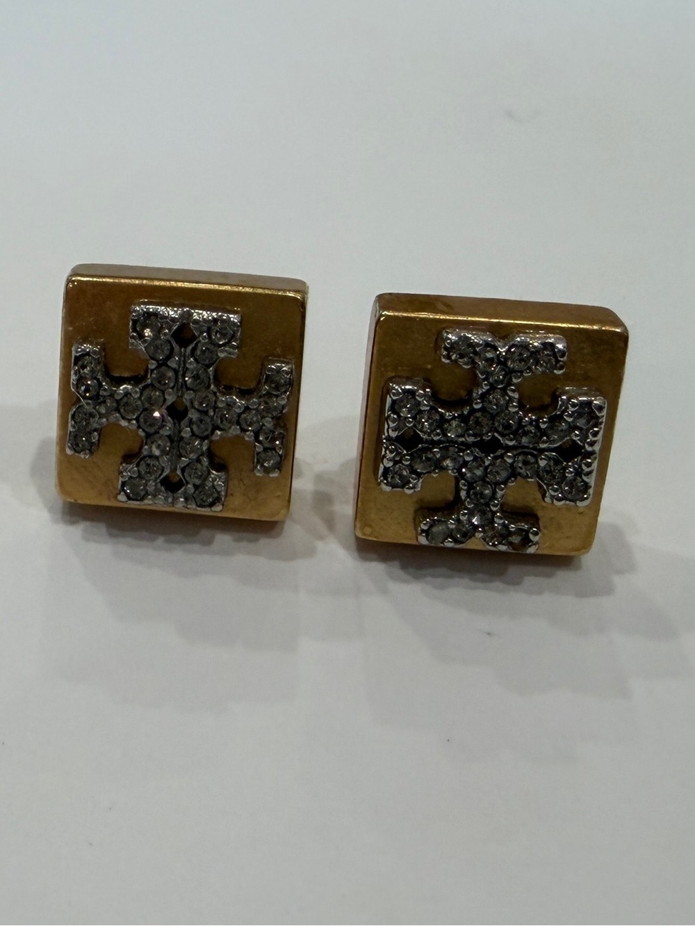 Tory Burch Gold Plated and Silver Logo Square Stud Earrings